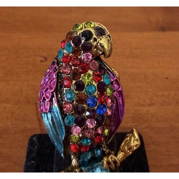 Colorful Parrot Stretch Ring Gold Tone Enamel Rhinestone Macaw Bird Size 7-8 - Picture 9 of 13